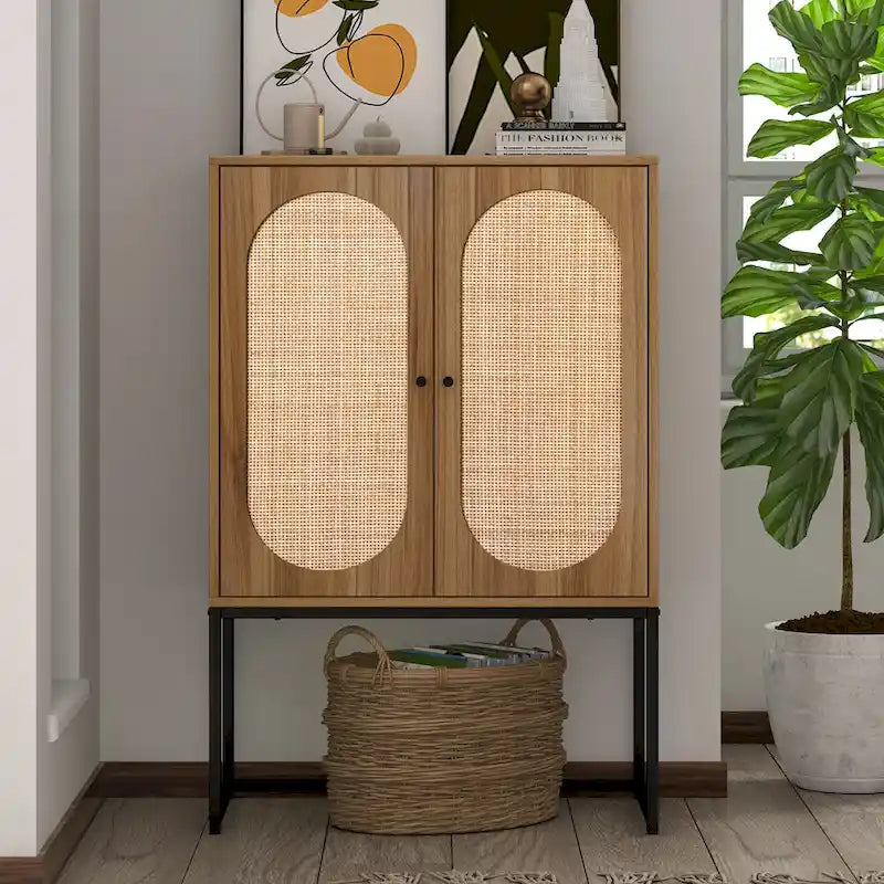 Bianco / Noce / Nero / Marrone Armadietto a 2 ante con pannello in rattan, ripiano regolabile, per 1