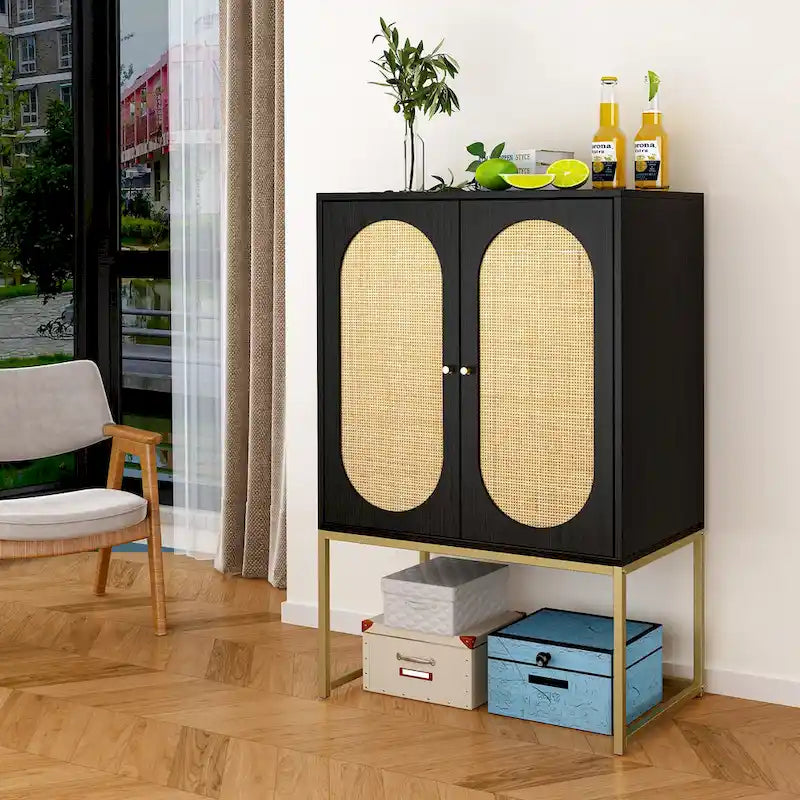 Bianco / Noce / Nero / Marrone Armadietto a 2 ante con pannello in rattan, ripiano regolabile, per 1
