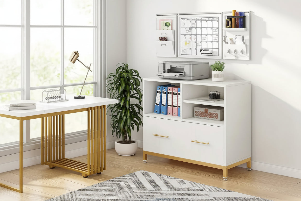 Lateral File Cabinet with Drawer, White Filing Cabinet for A4/Letter