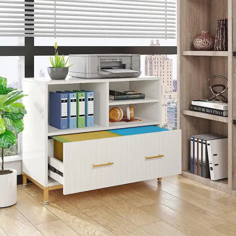 Cassettiera Laterale Bianca e Oro – Stile Moderno, Montaggio da 2 Persone