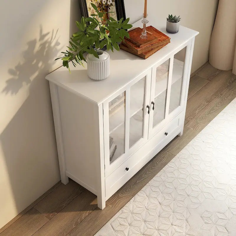 Credenza retrò bianca con ante in vetro e maniglia a campana, 1 pezzo