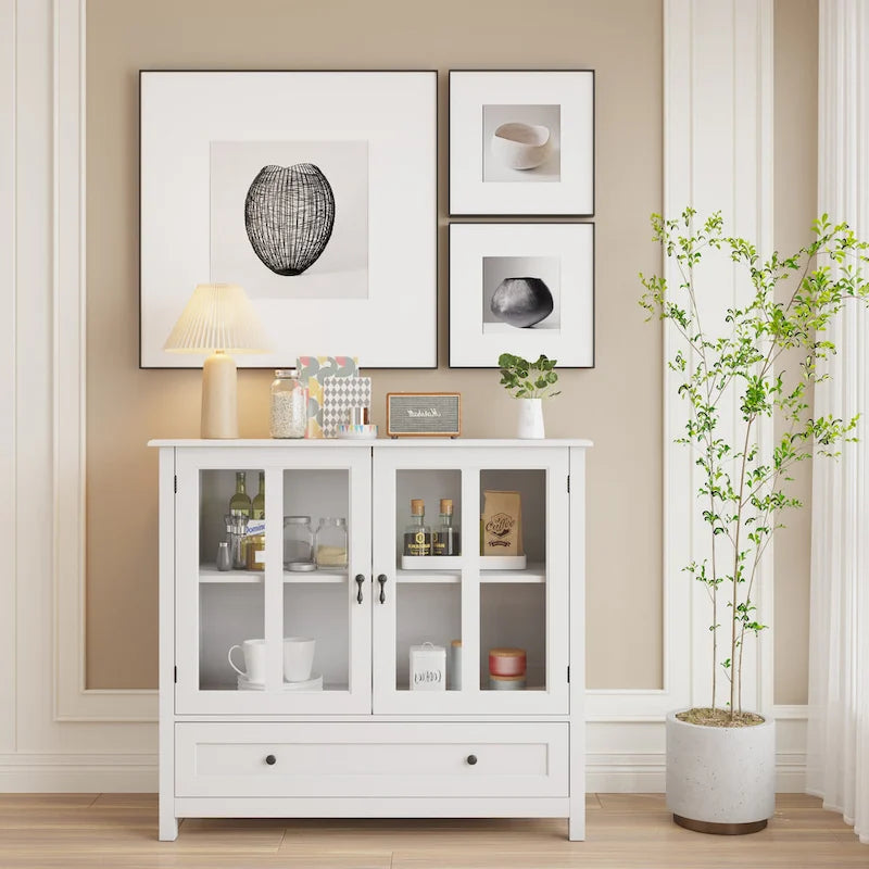 Credenza retrò bianca con ante in vetro e maniglia a campana, 1 pezzo