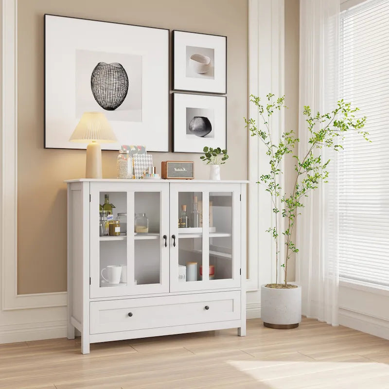 Credenza retrò bianca con ante in vetro e maniglia a campana, 1 pezzo