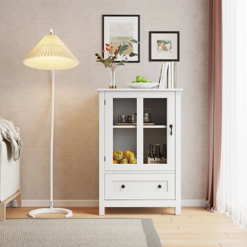 Credenza retrò bianca con ante in vetro e maniglia a campana, 1 pezzo