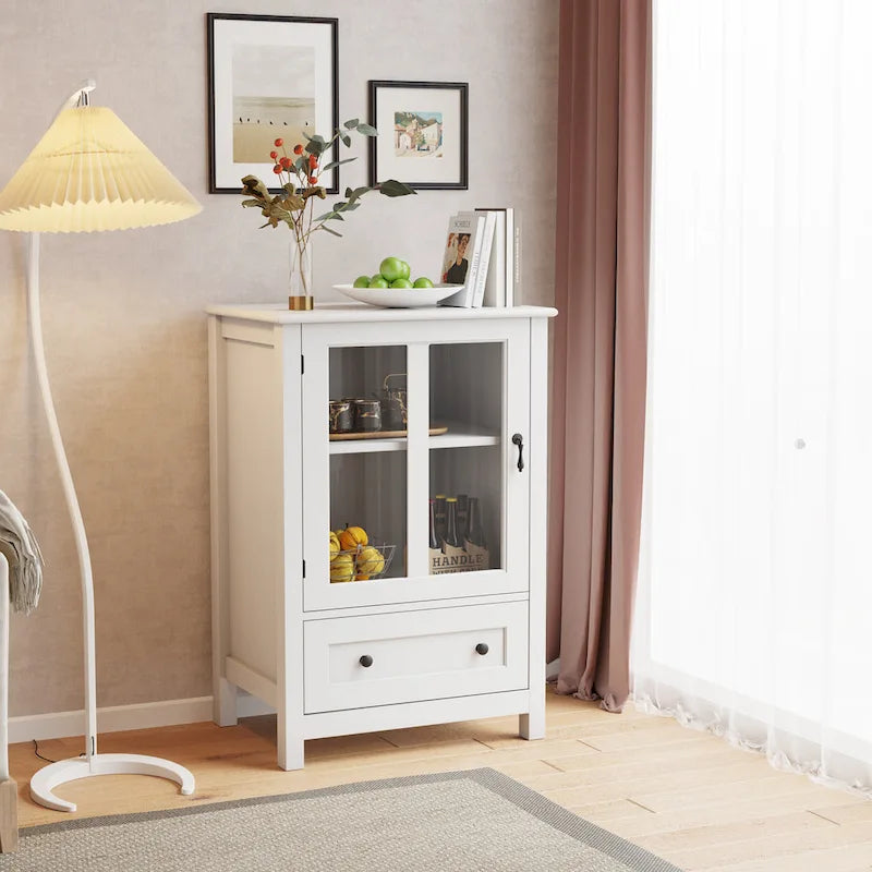 Credenza retrò bianca con ante in vetro e maniglia a campana, 1 pezzo