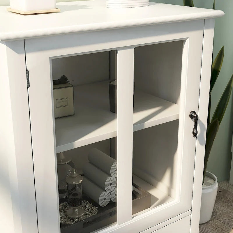 Credenza retrò bianca con ante in vetro e maniglia a campana, 1 pezzo