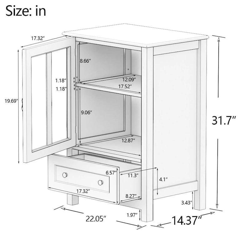 Credenza retrò bianca con ante in vetro e maniglia a campana, 1 pezzo
