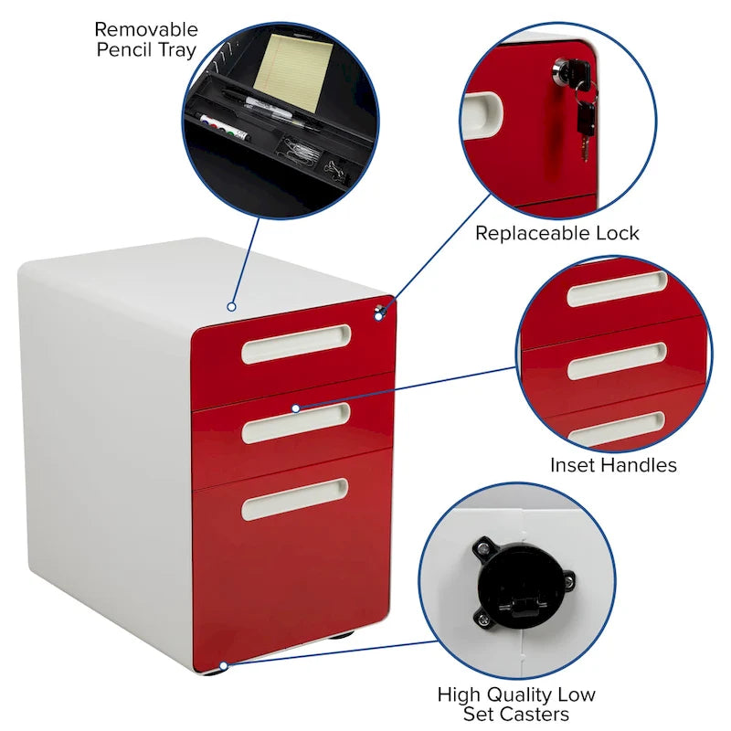 Cassettiera portadocumenti mobile a 3 cassetti con serratura – Bianco/Rosso, Bianco/Antracite, Grigio, Bianco, Nero