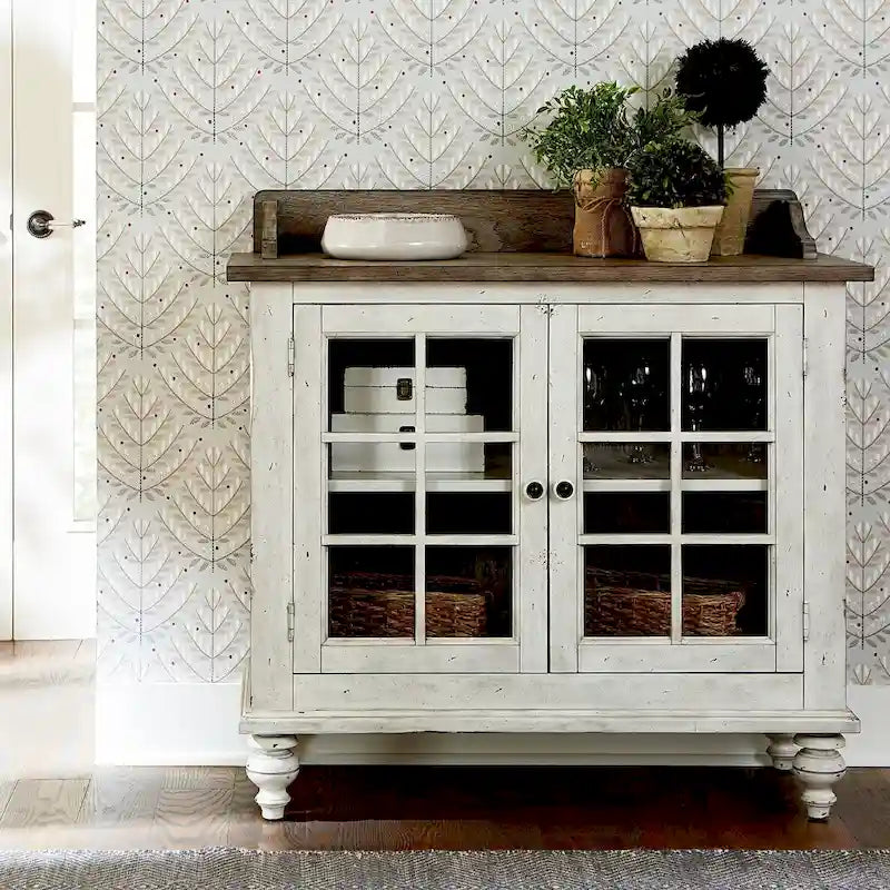 Credenza bianca anticata con ante in vetro, singola