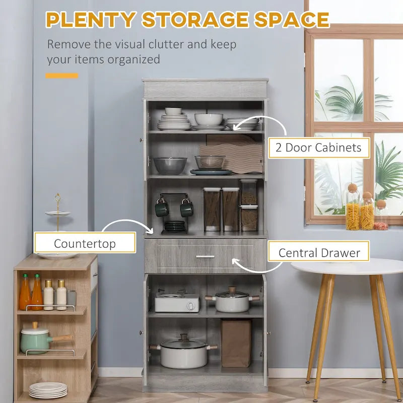 Dispensa da cucina indipendente bianca/grigia/marrone con credenza, cassetto multiuso e armadietto a 2 ante