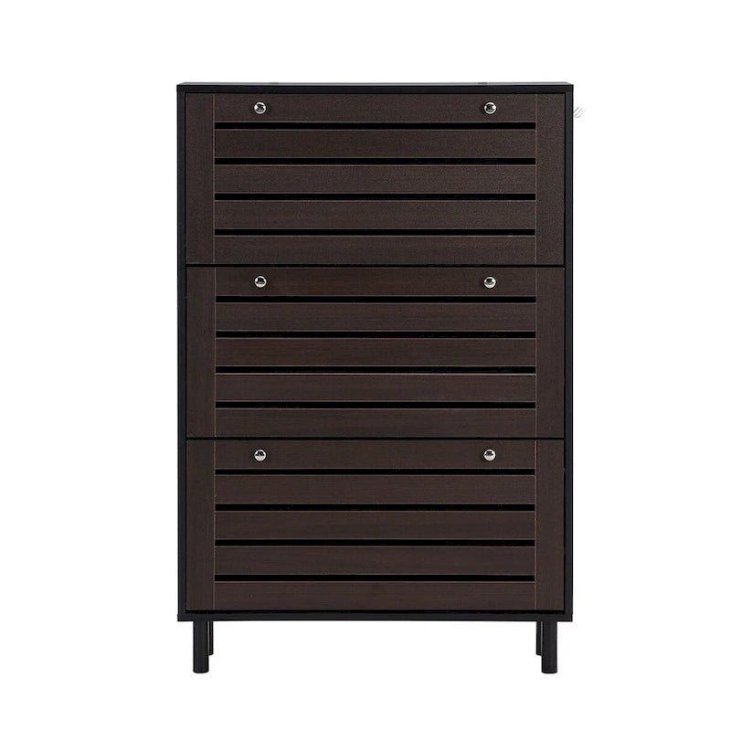 Scarpiera sottile con 3 cassetti a ribalta e ganci laterali, Nero+Marrone scuro / Bianco+Marrone scuro
