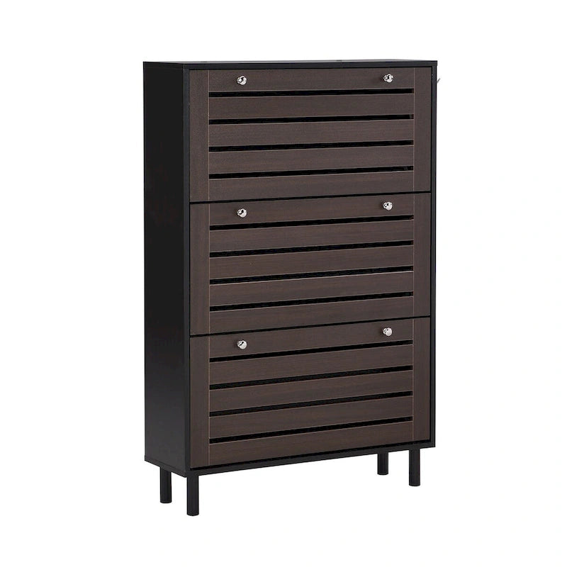 Scarpiera sottile con 3 cassetti a ribalta e ganci laterali, Nero+Marrone scuro / Bianco+Marrone scuro