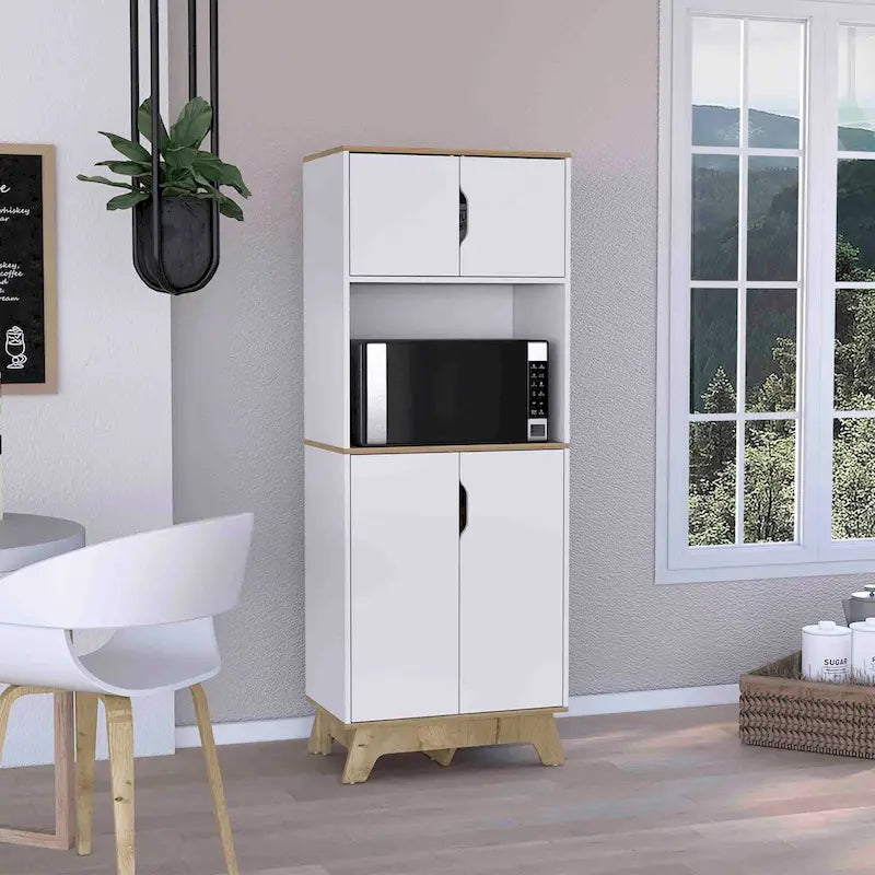 Mobile alto per microonde con superficie d'appoggio e doppie ante – Quercia chiara / Bianco