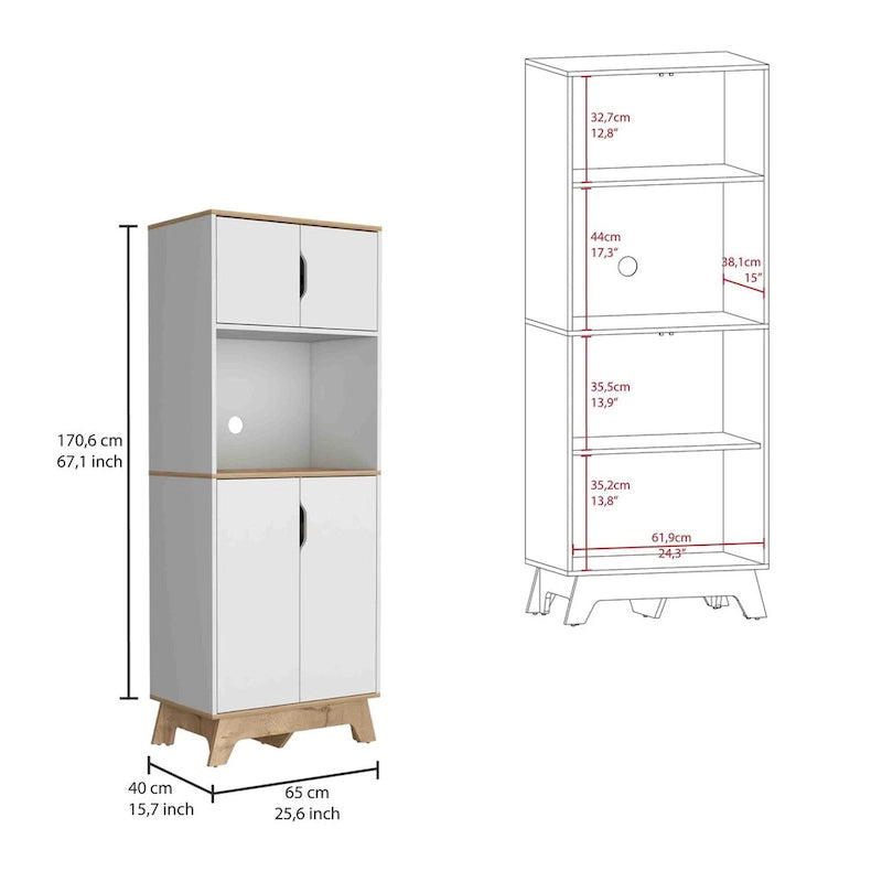 Mobile alto per microonde con superficie d'appoggio e doppie ante – Quercia chiara / Bianco