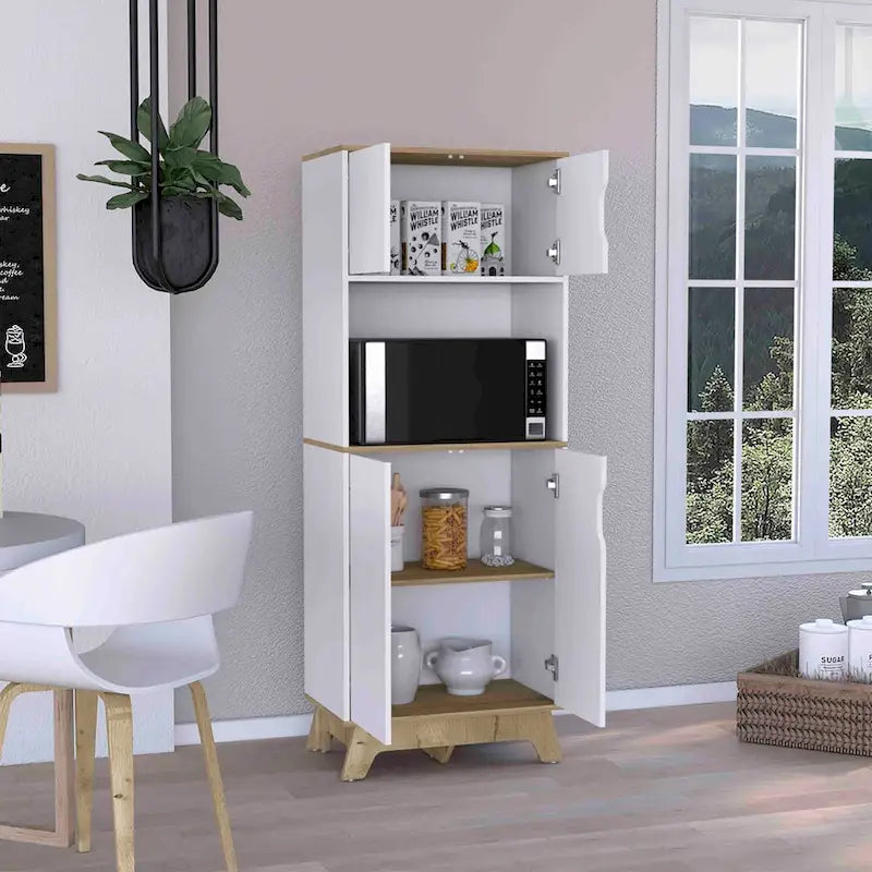 Mobile alto per microonde con superficie d'appoggio e doppie ante – Quercia chiara / Bianco