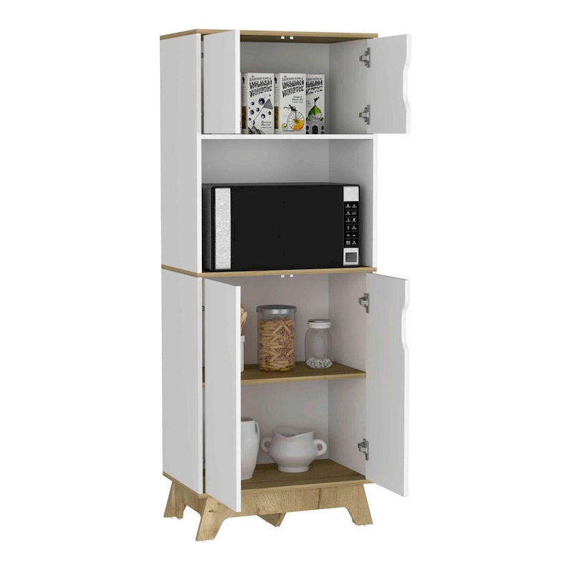 Mobile alto per microonde con superficie d'appoggio e doppie ante – Quercia chiara / Bianco