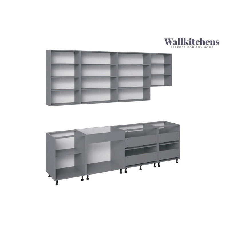 Set di mobili da cucina moderni bianchi lucidi, larghezza 2,90 m