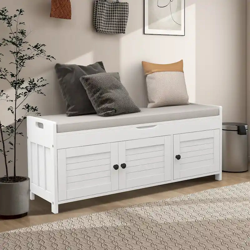 Panca contenitore in lino con cuscino Bianco / Espresso / Grigio / Blu scuro, seduta singola, 110,5 cm