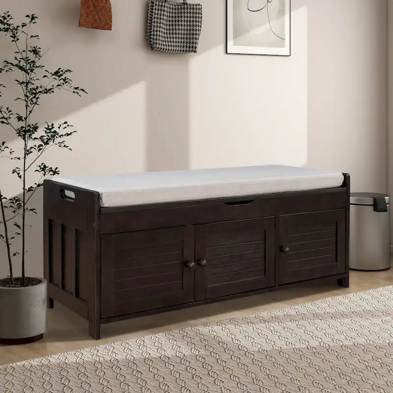 Panca contenitore in lino con cuscino Bianco / Espresso / Grigio / Blu scuro, seduta singola, 110,5 cm