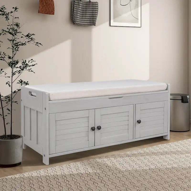 Panca contenitore in lino con cuscino Bianco / Espresso / Grigio / Blu scuro, seduta singola, 110,5 cm
