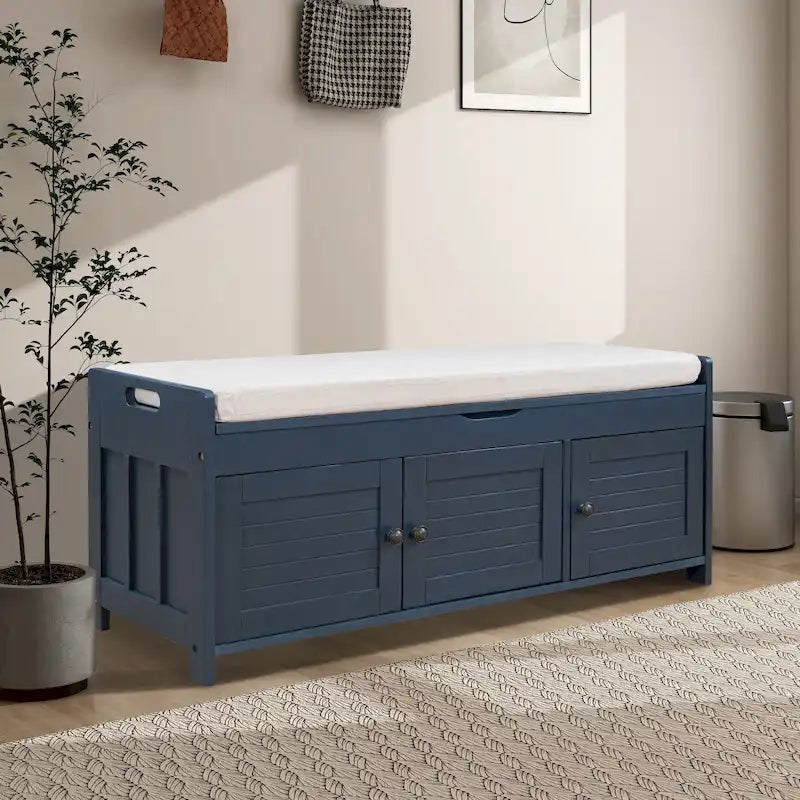 Panca contenitore in lino con cuscino Bianco / Espresso / Grigio / Blu scuro, seduta singola, 110,5 cm