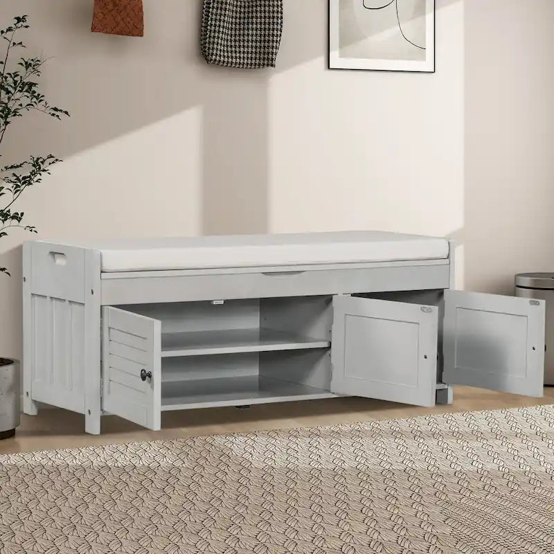 Panca contenitore in lino con cuscino Bianco / Espresso / Grigio / Blu scuro, seduta singola, 110,5 cm