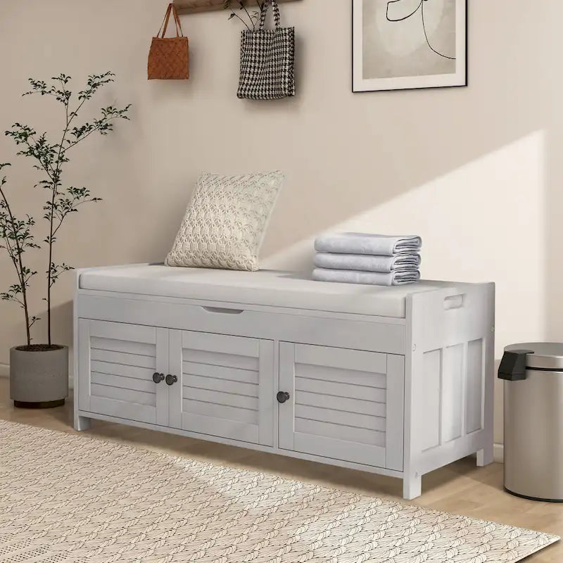 Panca contenitore in lino con cuscino Bianco / Espresso / Grigio / Blu scuro, seduta singola, 110,5 cm
