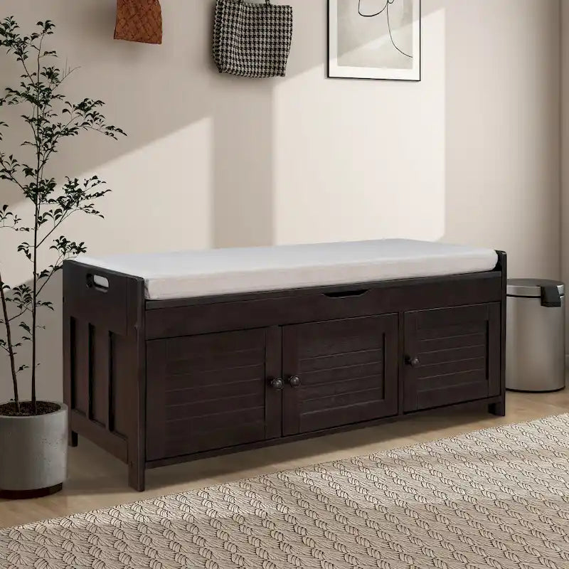 Panca contenitore in lino con cuscino Bianco / Espresso / Grigio / Blu scuro, seduta singola, 110,5 cm