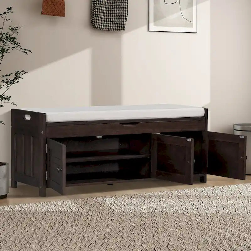 Panca contenitore in lino con cuscino Bianco / Espresso / Grigio / Blu scuro, seduta singola, 110,5 cm