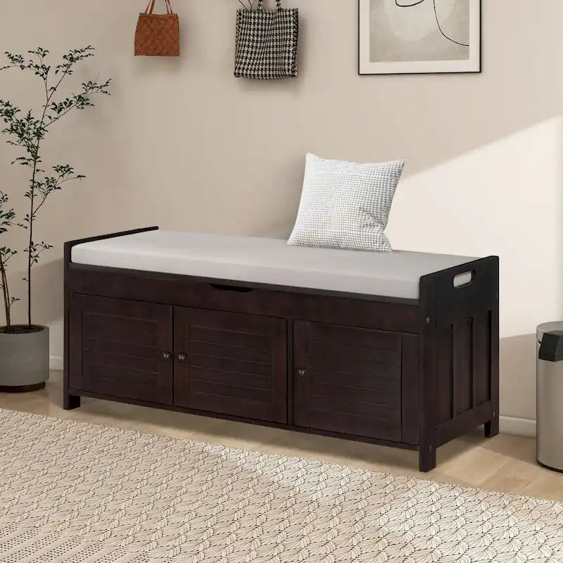 Panca contenitore in lino con cuscino Bianco / Espresso / Grigio / Blu scuro, seduta singola, 110,5 cm