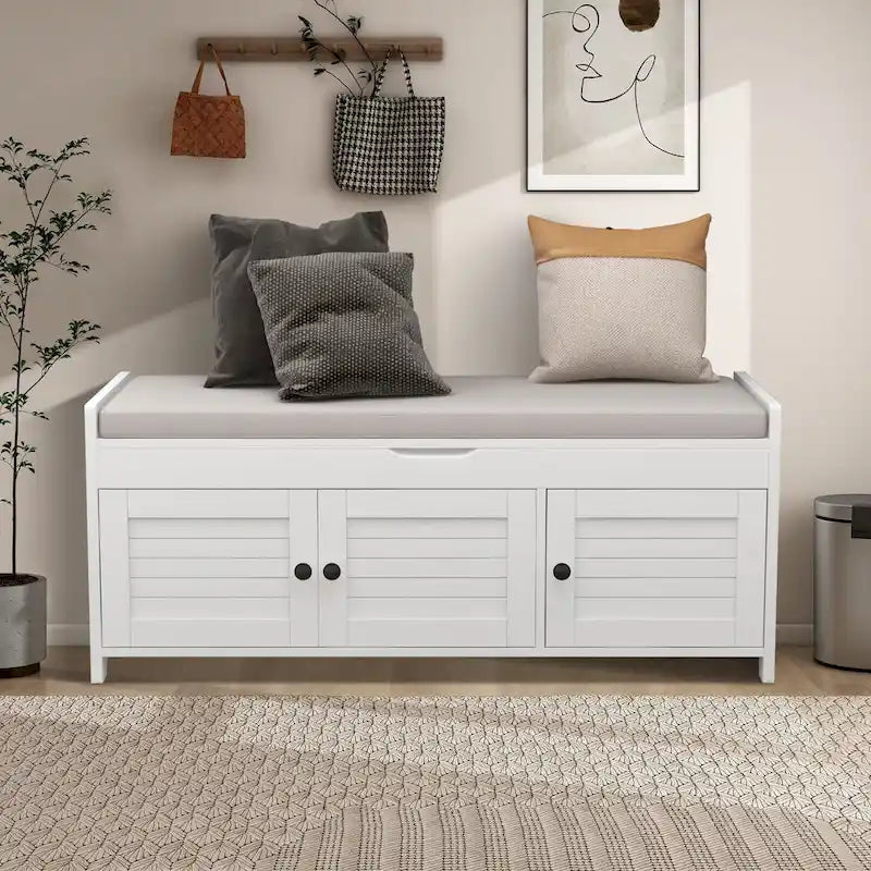 Panca contenitore in lino con cuscino Bianco / Espresso / Grigio / Blu scuro, seduta singola, 110,5 cm