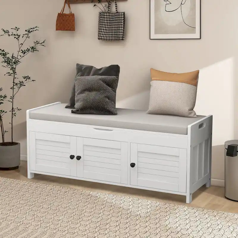 Panca contenitore in lino con cuscino Bianco / Espresso / Grigio / Blu scuro, seduta singola, 110,5 cm