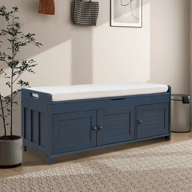 Panca contenitore in lino con cuscino Bianco / Espresso / Grigio / Blu scuro, seduta singola, 110,5 cm