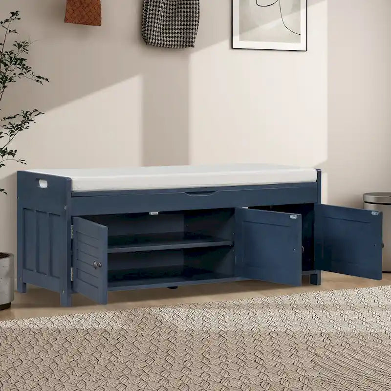 Panca contenitore in lino con cuscino Bianco / Espresso / Grigio / Blu scuro, seduta singola, 110,5 cm