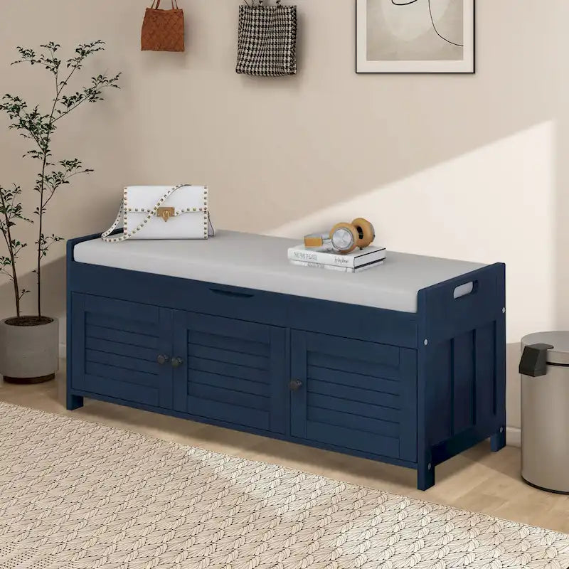 Panca contenitore in lino con cuscino Bianco / Espresso / Grigio / Blu scuro, seduta singola, 110,5 cm