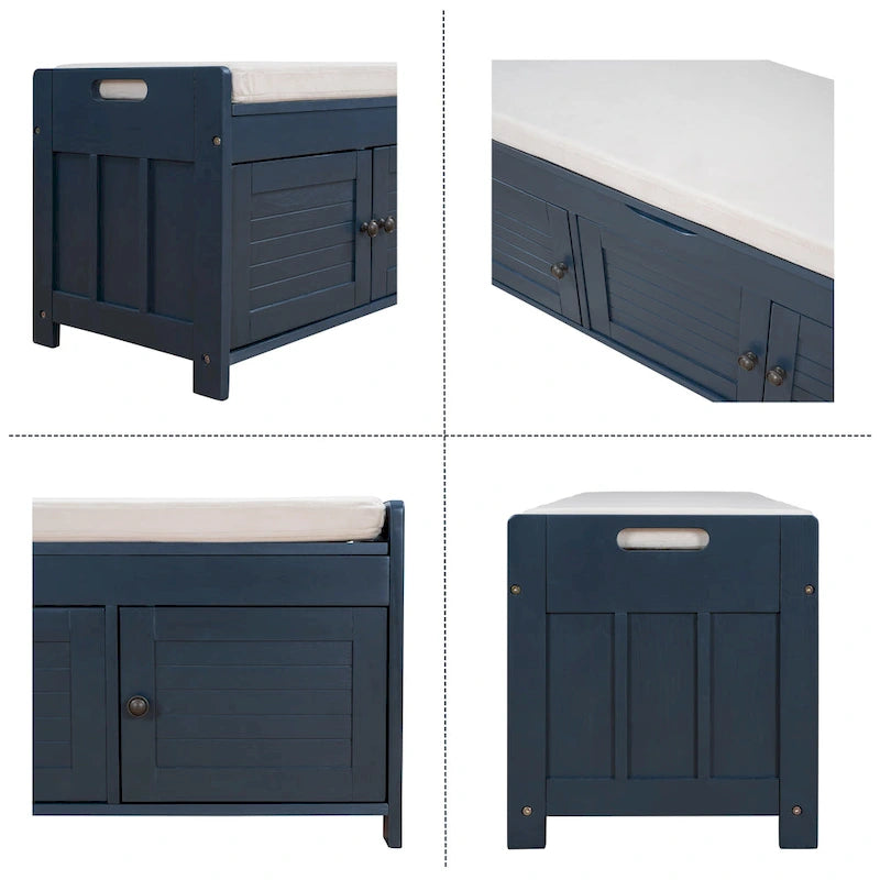 Panca contenitore in lino con cuscino Bianco / Espresso / Grigio / Blu scuro, seduta singola, 110,5 cm