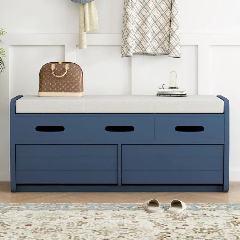 Panca Contenitore Rustica a 2 Posti con 2 Cassetti, Legno Naturale / Espresso / Blu Marino / Bianco