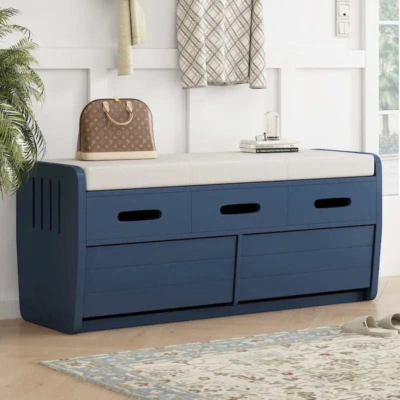 Panca Contenitore Rustica a 2 Posti con 2 Cassetti, Legno Naturale / Espresso / Blu Marino / Bianco