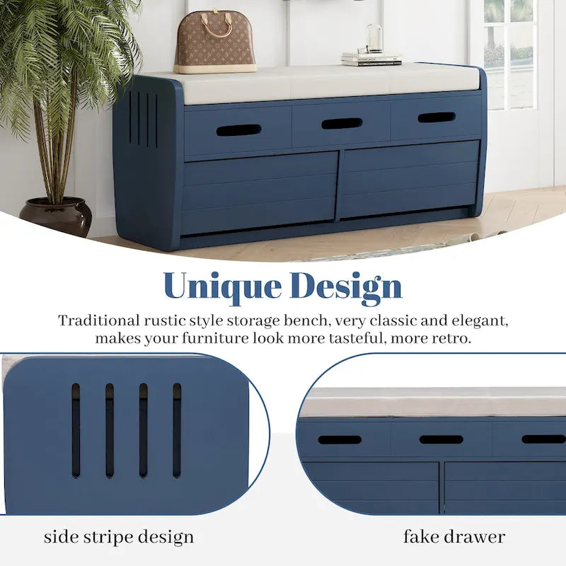 Panca Contenitore Rustica a 2 Posti con 2 Cassetti, Legno Naturale / Espresso / Blu Marino / Bianco