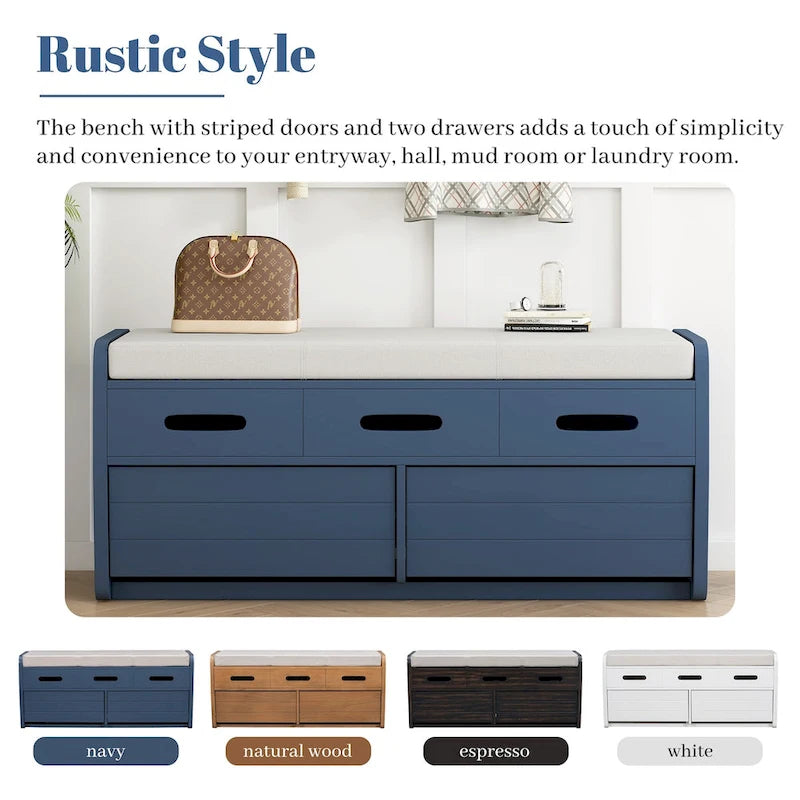 Panca Contenitore Rustica a 2 Posti con 2 Cassetti, Legno Naturale / Espresso / Blu Marino / Bianco