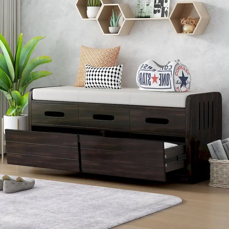Panca Contenitore Rustica a 2 Posti con 2 Cassetti, Legno Naturale / Espresso / Blu Marino / Bianco