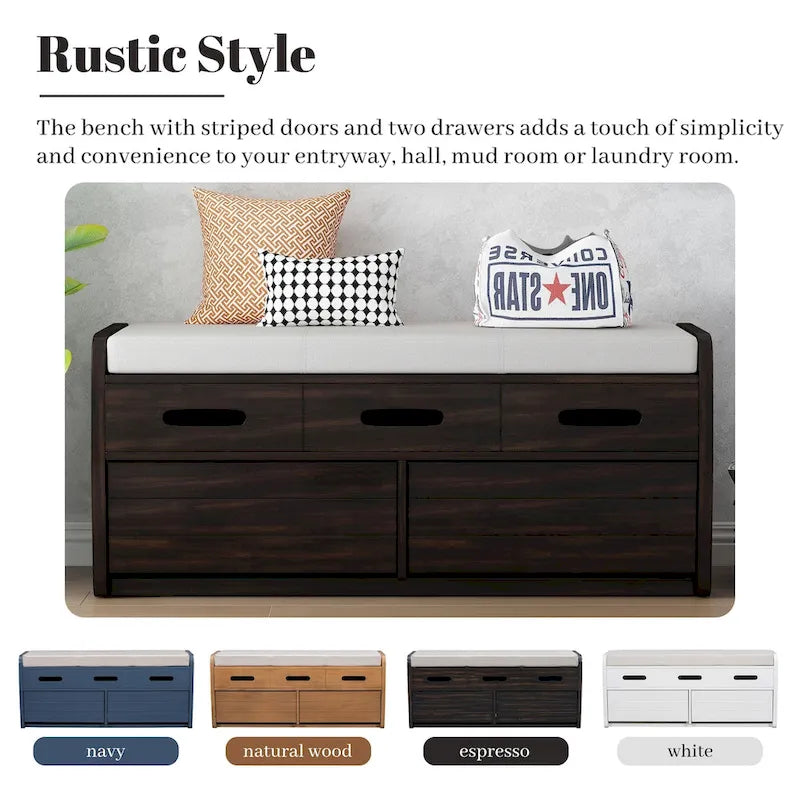 Panca Contenitore Rustica a 2 Posti con 2 Cassetti, Legno Naturale / Espresso / Blu Marino / Bianco