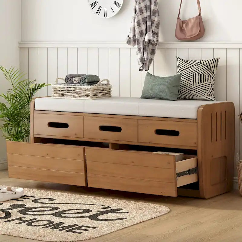 Panca Contenitore Rustica a 2 Posti con 2 Cassetti, Legno Naturale / Espresso / Blu Marino / Bianco