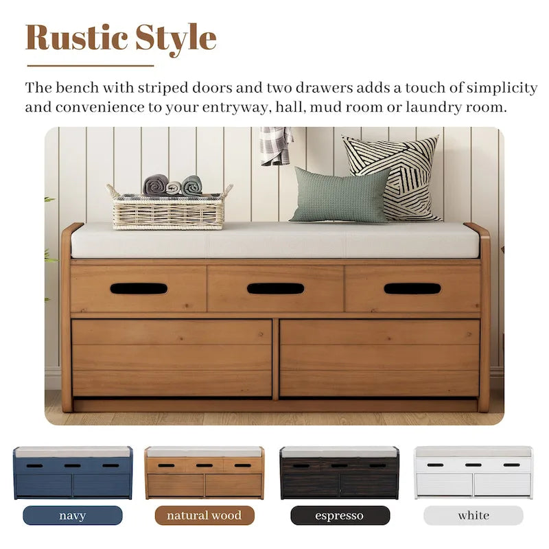 Panca Contenitore Rustica a 2 Posti con 2 Cassetti, Legno Naturale / Espresso / Blu Marino / Bianco