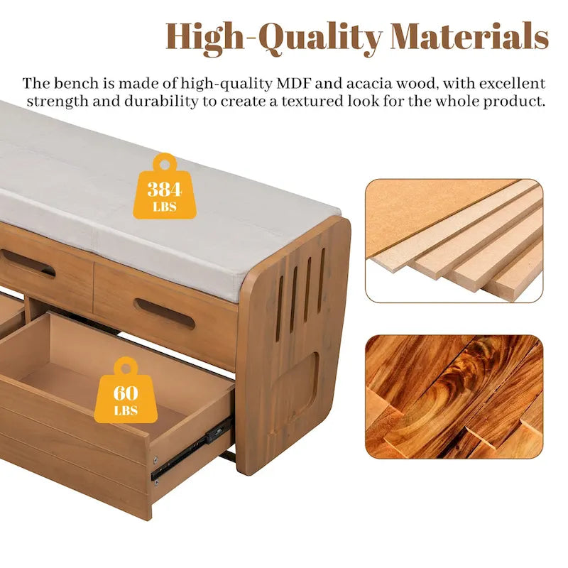 Panca Contenitore Rustica a 2 Posti con 2 Cassetti, Legno Naturale / Espresso / Blu Marino / Bianco