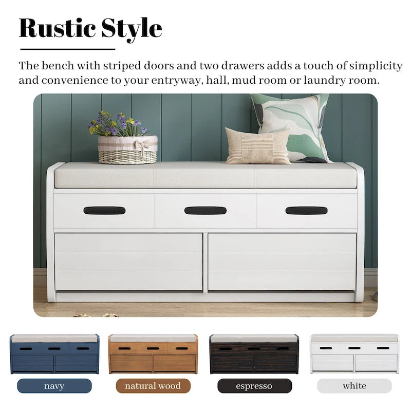 Panca Contenitore Rustica a 2 Posti con 2 Cassetti, Legno Naturale / Espresso / Blu Marino / Bianco