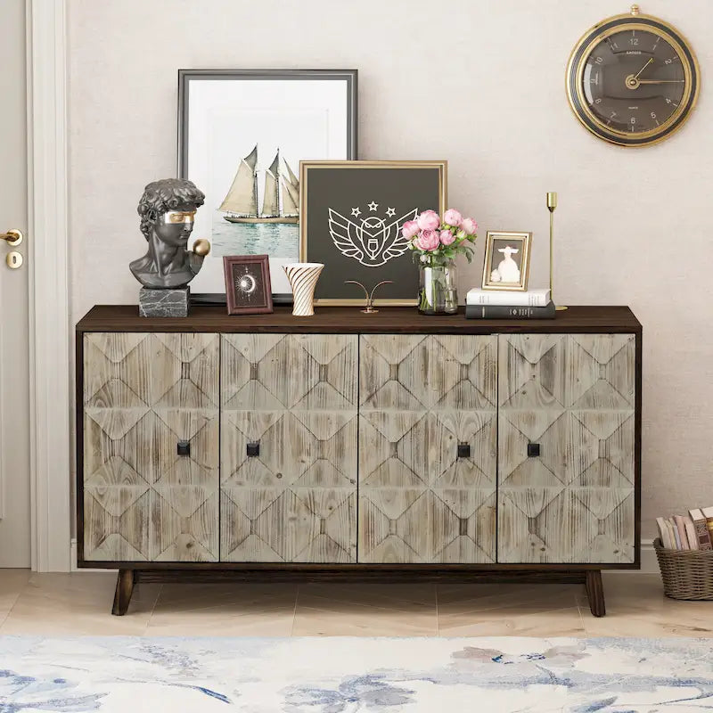 Credenza vintage a 4 ante Marrone / Naturale / Nera, Legno, Montaggio 1 persona