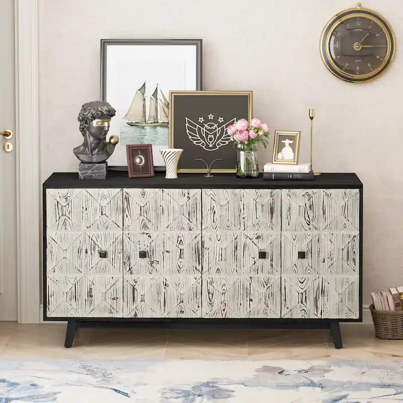 Credenza vintage a 4 ante Marrone / Naturale / Nera, Legno, Montaggio 1 persona