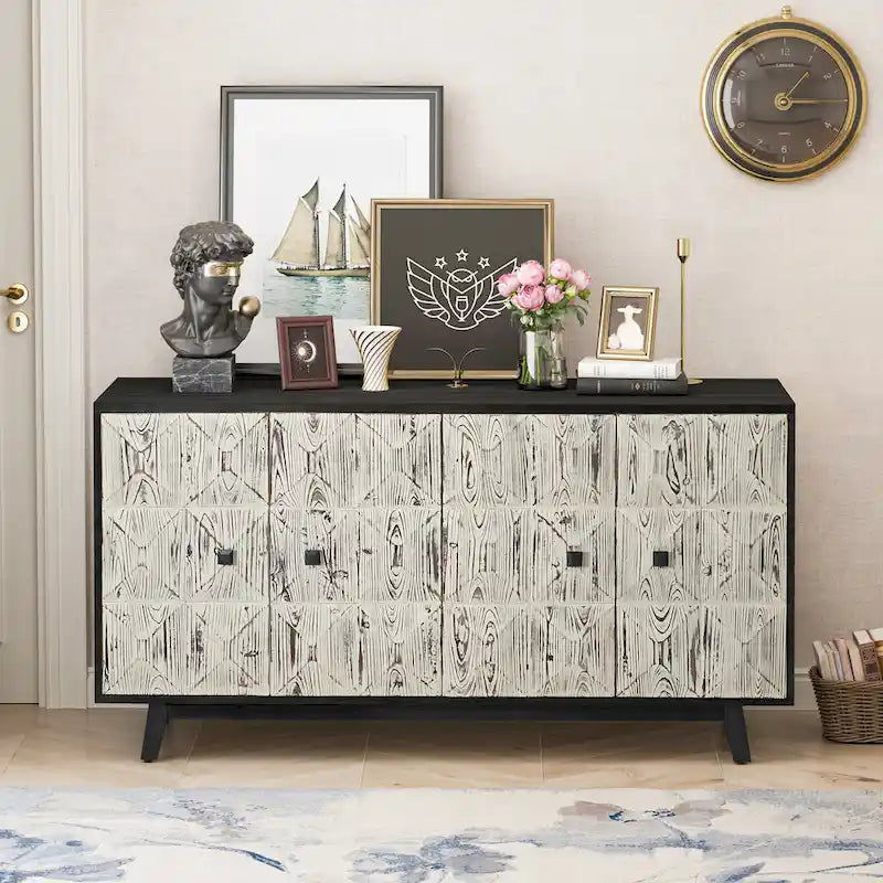 Credenza vintage a 4 ante Marrone / Naturale / Nera, Legno, Montaggio 1 persona