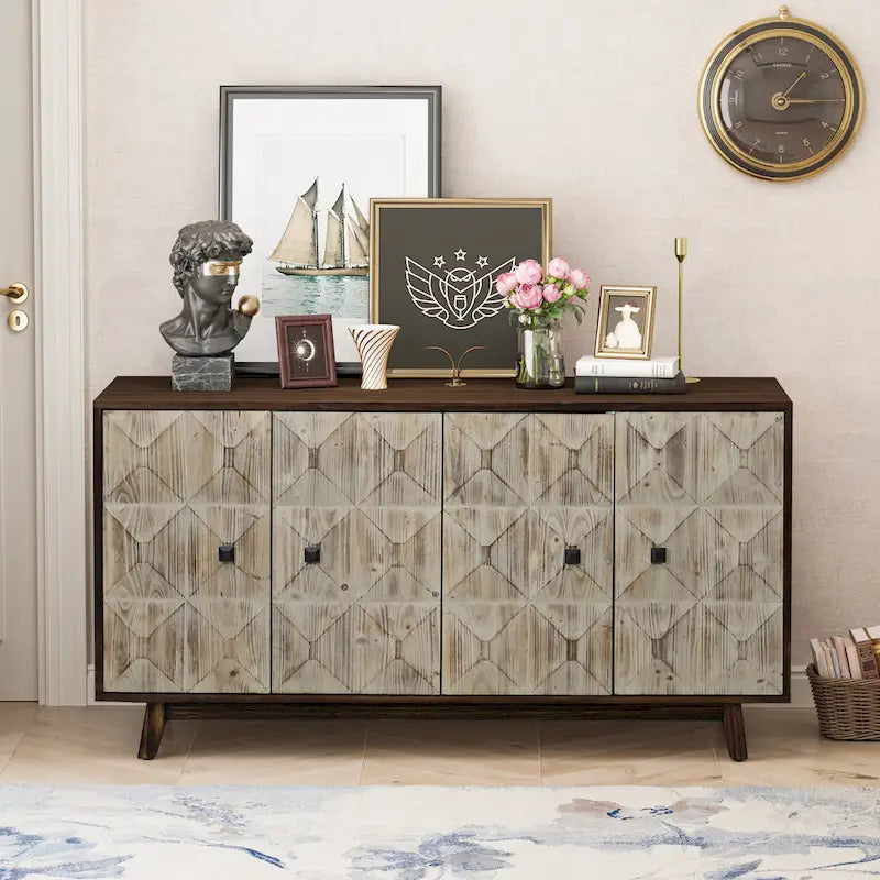 Credenza vintage a 4 ante Marrone / Naturale / Nera, Legno, Montaggio 1 persona